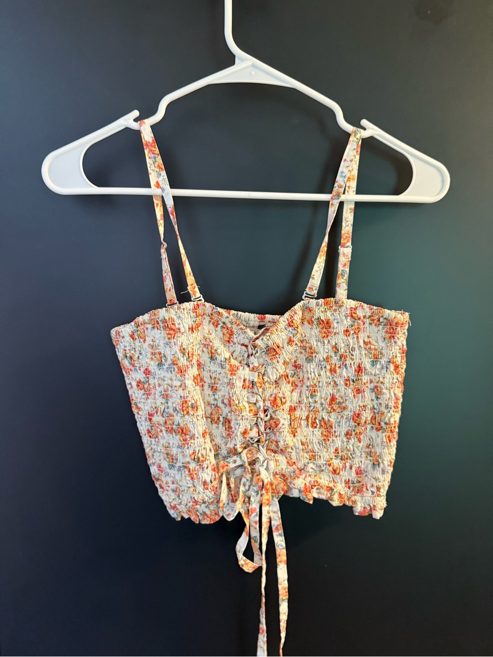 American Eagle Outfitters Floral Smocked Lace-Up Cami - Cream & Orange